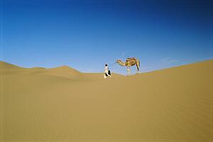 Woman outdoors walking in the desert with a camel (far away)