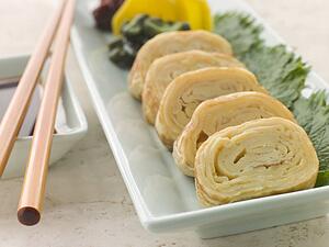 Rolled Dashi Omelette with Pickled Vegetables Soy and Shiso