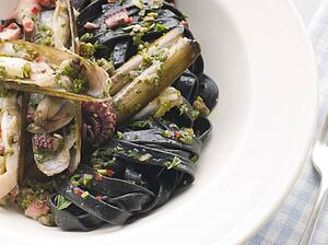 Sauteed Razor Clams with Baby Octopus Pesto and Tagliatelle Nero