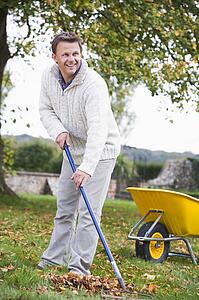Man outdoors raking leaves near wheelbarrow and smiling (selective focus)