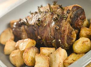 Roast Leg of Lamb Studded with Garlic and Rosemary and Roast Potatoes