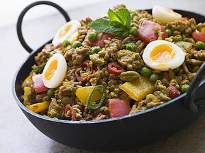 Karahi Dish with Punjabi Keema Mattar and Quail Eggs