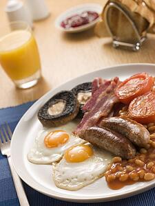 Full English Breakfast with Orange Juice Toast and Jam