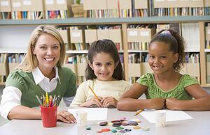 Two students in art class with teacher