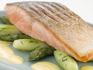 Crisp Fried Salmon Supreme with Cucumber Asparagus and Hollandaise
