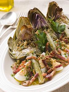 Roasted Globe Artichokes with Pancetta Egg and Garlic Breadcrumbs