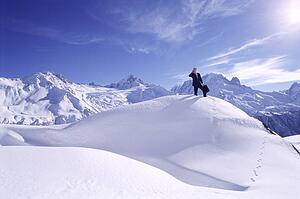 Businessman outdoors on snowy mountain using cellular phone