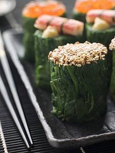 Rolled Spinach Three Ways-Snow Crab Toasted Sesame Seeds and salmon Roe