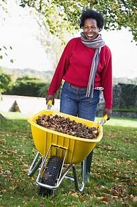 Woman outdoors with leaves in wheelbarrow smiling (selective focus)