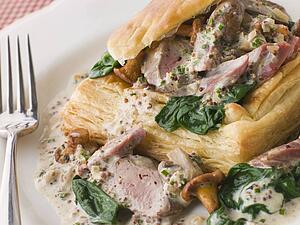 Chicken Livers Spinach and Girolle Mushrooms served in a Vol-au-Vent case with Grain Mustard Sauce