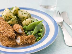 Chicken Goujons with Herb Buttered New Potatoes and Green Vegetables