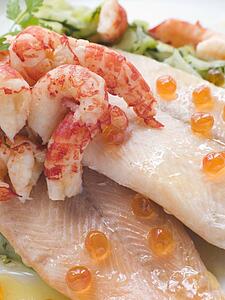 Fillets of Smoked Trout with Pickled Cucumber Caviar and Crayfish Tails