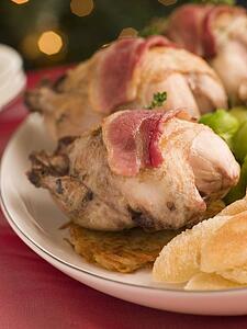 Pot Roasted Partridge with Rosti Potato Fried Croutons and Bacon