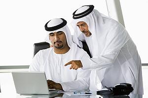 Two businessmen in office pointing at laptop (high key/selective focus)
