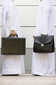 Two businessmen standing outdoors with briefcases