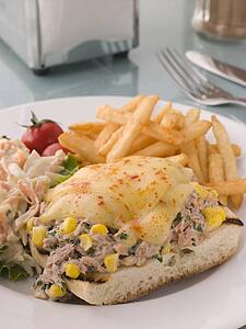 Open Tuna and Sweet corn Melt with Coleslaw and Fries