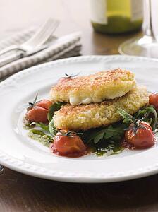 Breadcrumbed Mozzarella Cheese with Roasted Cherry Tomatoes and Pesto