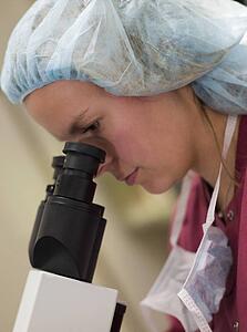 Embryologist with microscope performing an intra cytoplasmic sperm injection (selective focus)