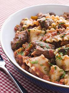 Strips of Fillet Steak in a Chilli Tomato Sauce with Trompetti Pasta