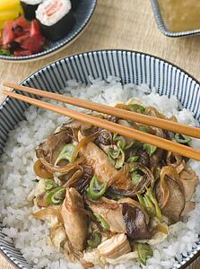 Chicken and Egg on Rice with Pickles and Sushi