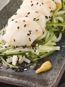 Sashimi of Dive Scallops Cucumber Mouli and sesame salad