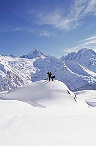 Businessman outdoors on snowy mountain using cellular phone