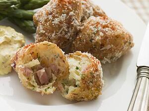 Ham and Cheese Beignets with Asparagus and Dijonnaise