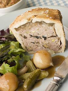 Pork Black Truffle and Pistachio Pie with Glazed Button Onions and Cornichons