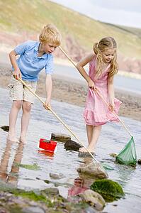 Brother and sister at beach with nets and pail