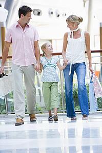 Mother and father with young daughter at a shopping mall