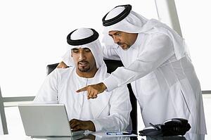 Two businessmen in office pointing at laptop (high key/selective focus)