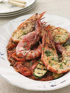 Grilled Tiger Prawns on Piperade with Grilled Courgettes