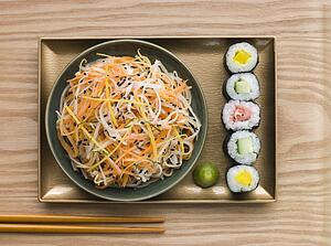 Daikon and Carrot Salad with Sesame Sushi and Wasabi (overhead)