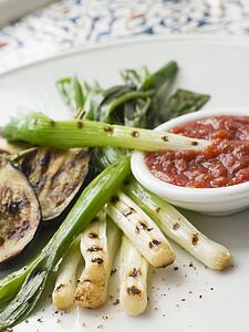 Griddled Spring Onions and Romesca Sauce- La Colcotada