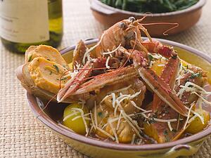Dish of Bouillabaisse with Rouille Croutes and Gruyere Cheese