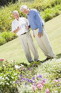 Two senior men in a flower garden