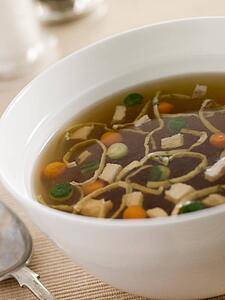 Chicken Consomm with Vegetable Pearls and Julienne of Pancake