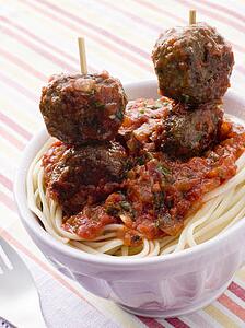 Spaghetti with Meatball Sticks and Spicy Tomato Sauce