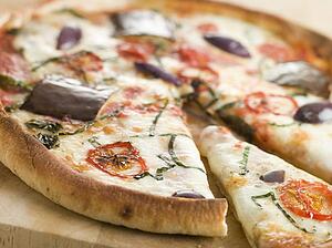 Tomato Mozzarella Aubergine and Basil Pizza