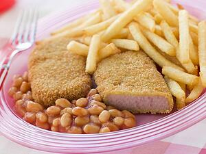 Breadcrumbed Luncheon Meat with Baked Beans and Chips