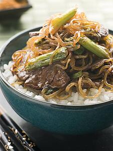 Sweet Soy Beef Fillet with Shirataki Noodles on Rice