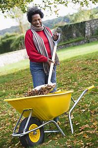 Woman outdoors shoveling leaves into wheelbarrow and smiling (selective focus)