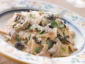 Sagnarelli Pasta with Beef Fillet Strips in a Tomato and Olive Cream Sauce