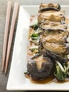 Fried Shitake Mushrooms with Shoyu Pac Choi and Bean sprouts
