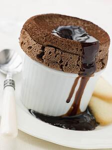 Hot Chocolate Souffle with Chocolate sauce and Langue de Chat Biscuits