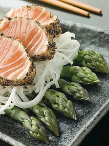 Seared Salmon SashimiBlack Pepper with a Mouli and Asparagus Salad