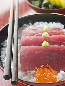 Sashimi of Yellow Fin Tuna on Rice with Salmon Roe Pickles and Wasabi