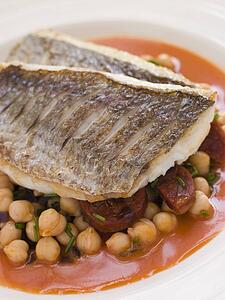 Fillets of Sea Bream with Chorizo Sausage Chickpeas and Tomato Sauce