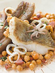 Pan Fried Cod Fillet and Baby Squid with Braised Belly Pork and Chick Peas
