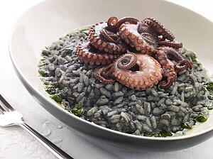 Risotto Nero with Fried Octopus and Pesto Dressing